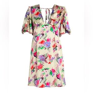 Topshop Floral Print Puff Sleeve Tie Front V-Neck Mini Dress Size 6 Fairycore